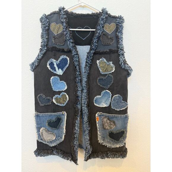 Vintage Denim Distressed Heart Valentine Vest Pockets Black Blue‎ - Picture 1 of 8
